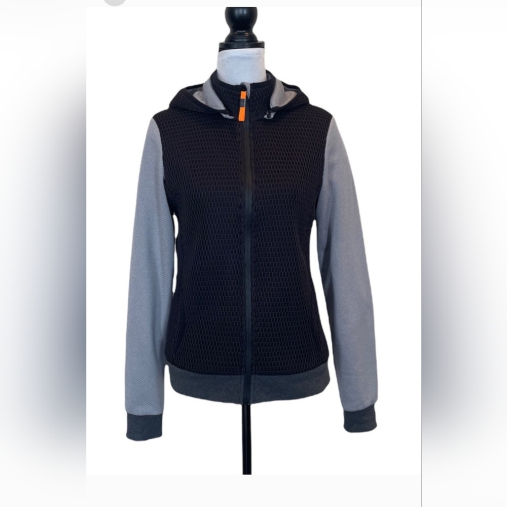 MPG zipper front black grey removable hood athletic jacket sweatshirt medium